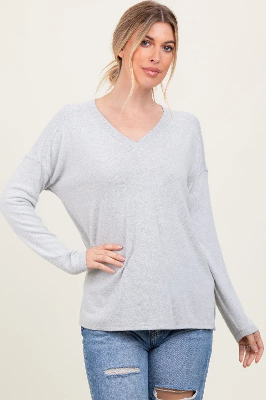 Women's Clothing Stores Heather Grey Basic V-Neck Long Sleeve Brushed Knit Top