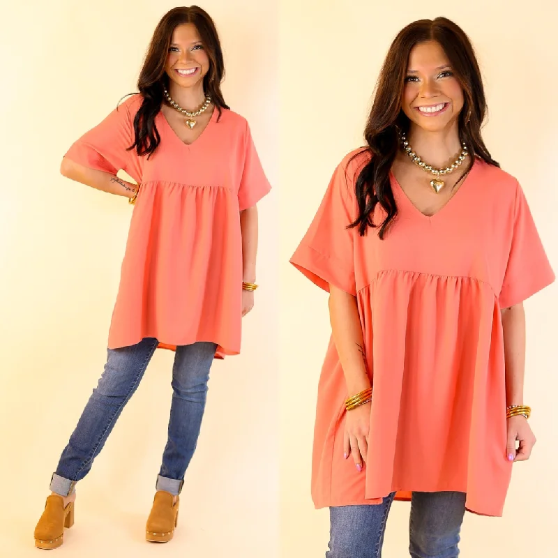 Women Apparel Daily Delight Short Sleeve V Neck Babydoll Top in Coral Pink