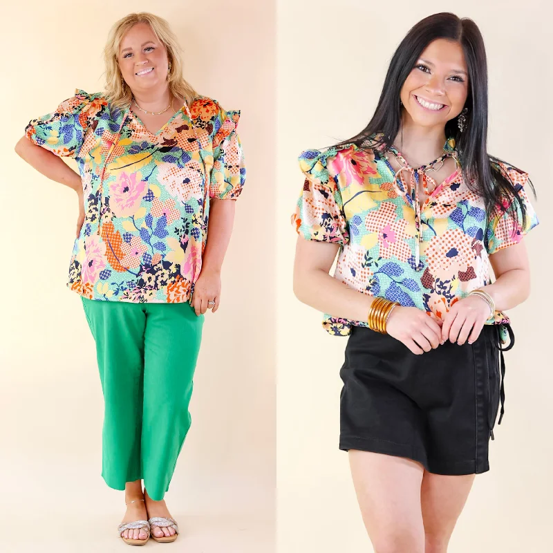 Everyday Fashion Malibu Villa Floral Print Top with Keyhole and Tie Neckline in Green Mix