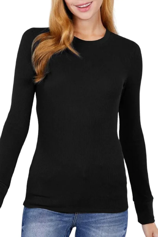 Formal Outfit For Women Long Sleeve Thermal Crew Neck Knit Top In Black