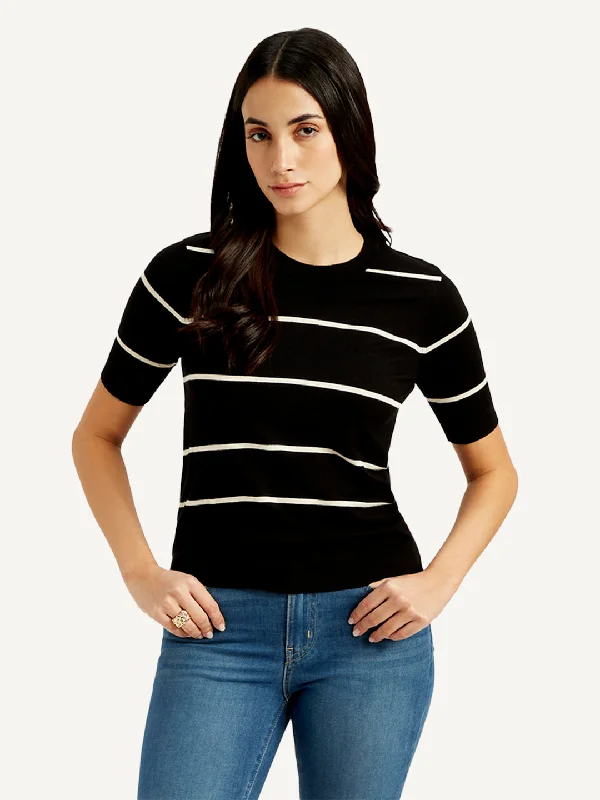 Limited Time Offer Women's Striped Black Crew Neck Top