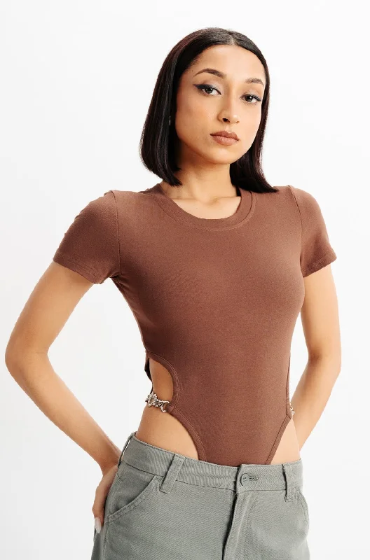 Women's Comfy Loungewear Outfit Brown Bodysuit Knit Top