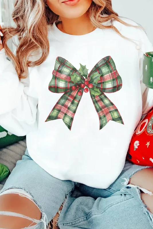 Women's Vintage Garments Beige Holly Plaid Bow Graphic Christmas Themed Sweatshirt