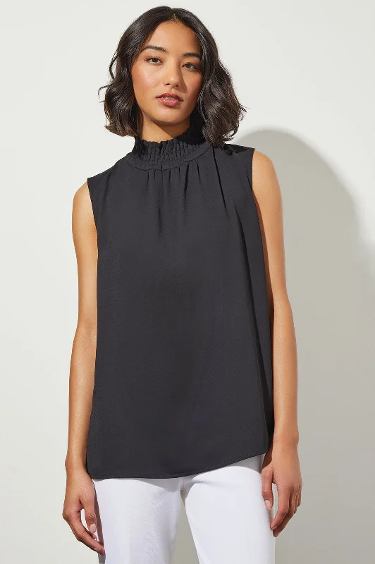 Flash Sales This Week Smocked Neckline Crepe de Chine Blouse, Black