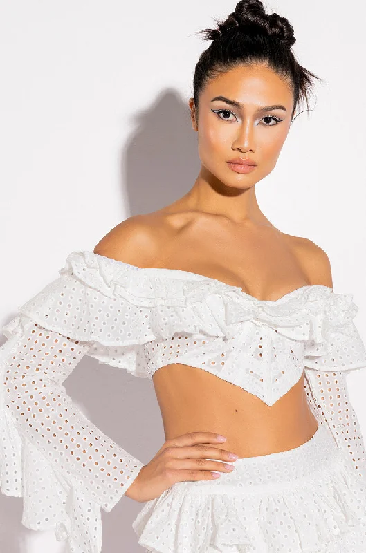 Versatile Women's Clothing for All Occasions PRETTY LIL THANG EYELET OFF THE SHOULDER BLOUSE