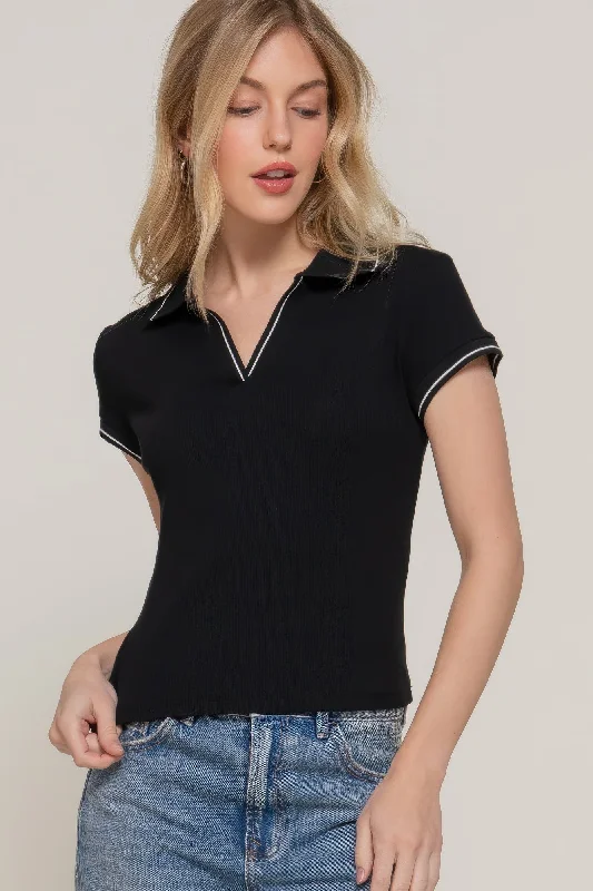 Stylish Women's Outfit FASHNZFAB Women's Short Slv Line Detail Polo Rib Knit Top