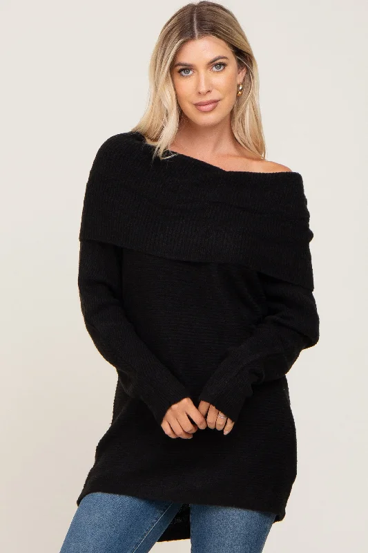 Relaxed Fit Women's Fashion Black Off Shoulder Dolman Sleeve Knit Top