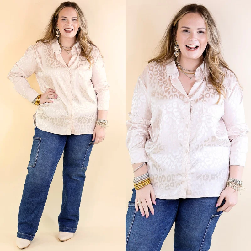 Women's Versatile Apparel Top It Off Long Sleeve Button Up Satin Leopard Print Top in Ivory