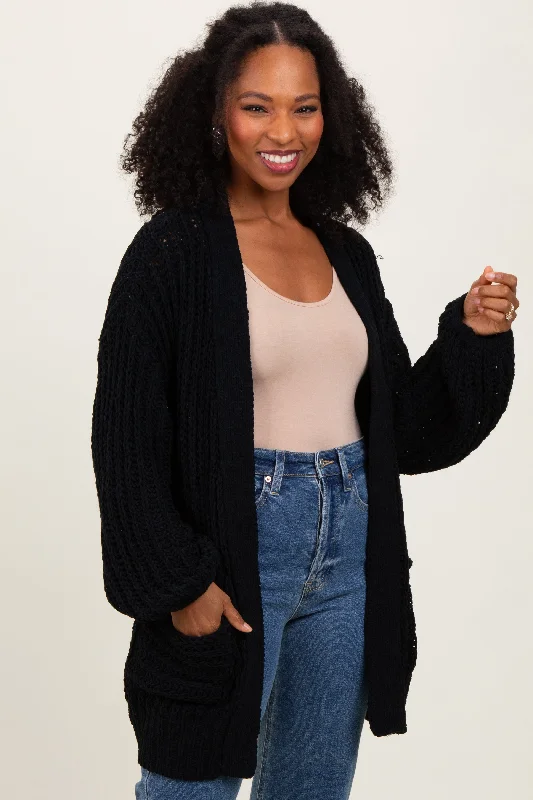 Elegant Styles Black Chunky Knit Oversized Pocket Cardigan