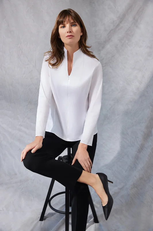 Outfits Ideas Long Sleeve Zip-Up Cotton Poplin Blouse, White