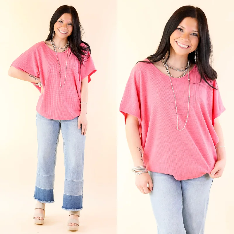 Women's Trendy Casual Outfit Everyday Essential Short Sleeve Waffle Knit Top in Hot Pink