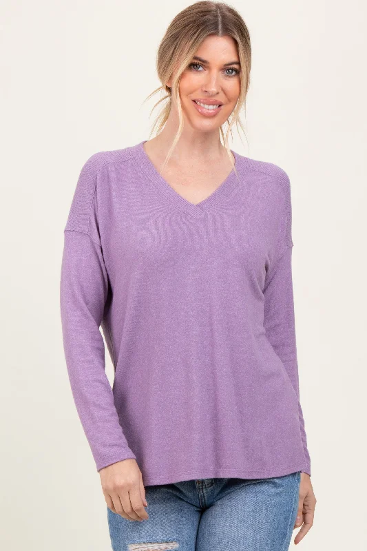 Women's Clothing Online Lavender Basic V-Neck Long Sleeve Brushed Knit Top