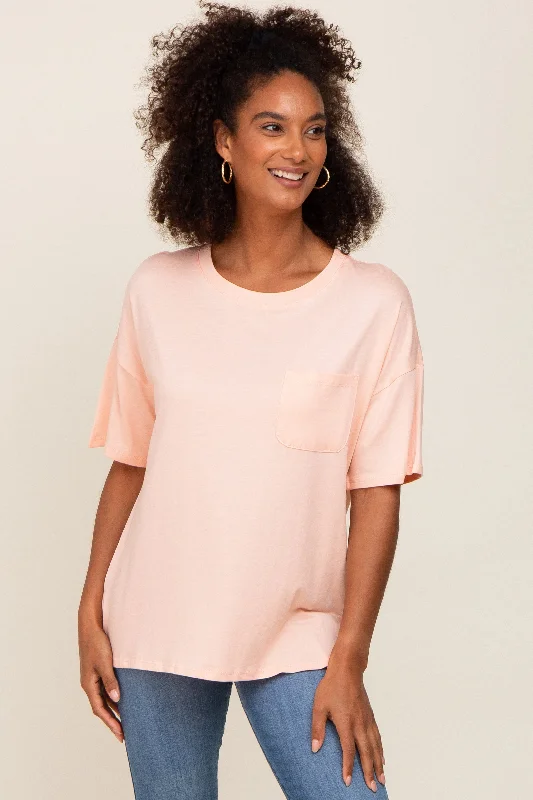 Women's Casual Apparel Peach Short Sleeve Pocketed Top