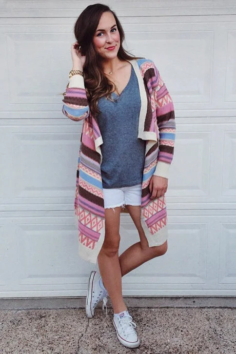 Bold Fashion Pink Multi-Colored Tribal Striped Long Knit Cardigan