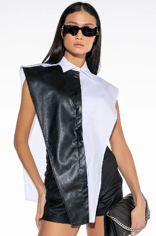 Women's Travel Outfit Set IVANA FAUX LEATHER PANEL BUTTON DOWN SLEEVELESS BLOUSE