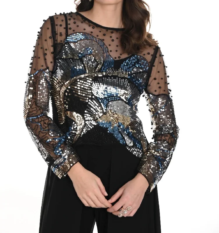 Vibrant Femme Fashion Embellished Floral Top In Black/blue