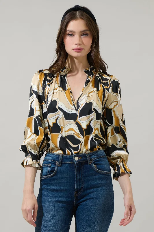 Women's Travel Attire Madrone Abstract Groover Split Neck Blouse