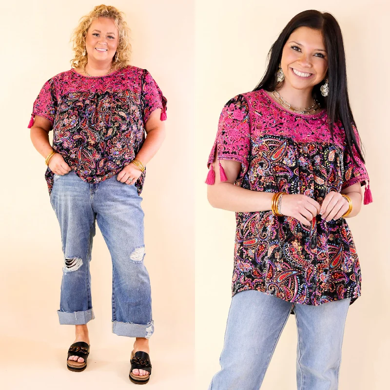 Casual Chic Sweet And Charming Paisley Print Top with Purple Floral Embroidery in Black