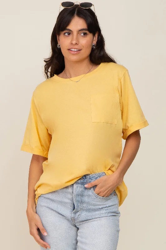 Casual Apparel For Women Yellow Oversized Pocket Front Short Sleeve Top