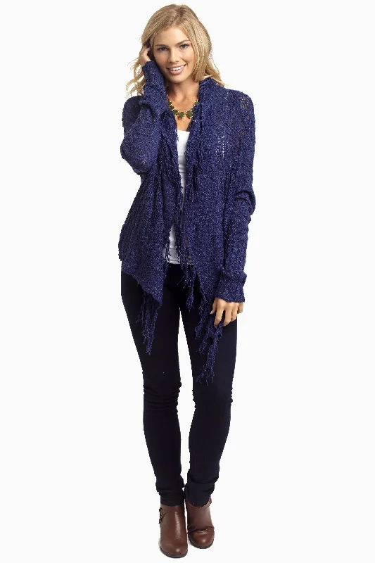 Current Trends Navy Knit Fringe Trim Cardigan