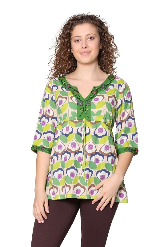 Clothing Sales Green Floral Cotton Voile Embroidered Tunic