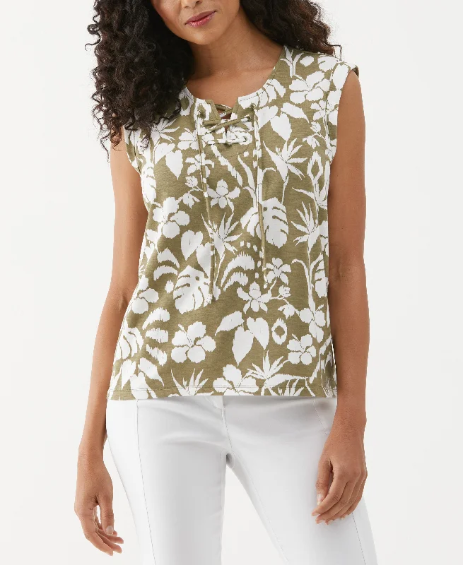 Boutique Styles Petite Tropical Print Lace-Up Tank Top