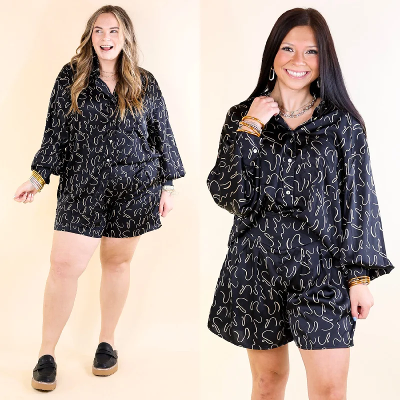 Latest Trends Endlessly Obsessed Satin Button Up Swirl Print Top in Black