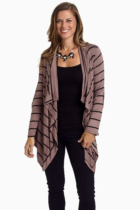 Relaxed Style Mocha Striped Suede Elbow Patch Cardigan