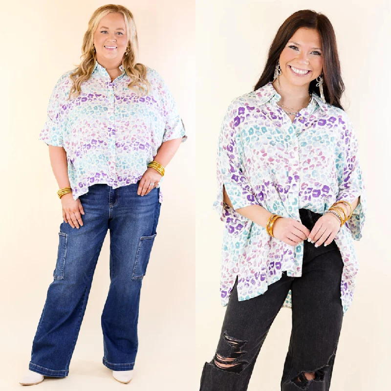 Best Online Women's Boutiques Hotter Than Ever Leopard Print Button Up Top with Short Sleeves in Purple Mix