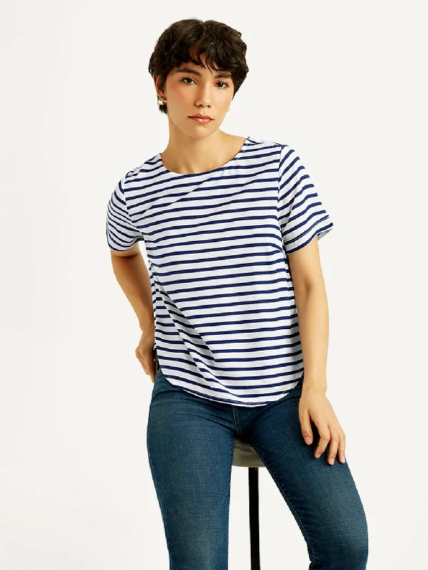 New Arrival Discounts Women's Striped White Round Neck Top