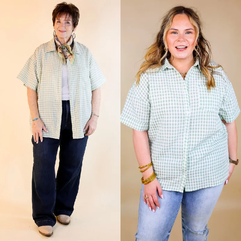 Sophisticated Style What A Rush Button Up Gingham Short Sleeve Top in Sage Green