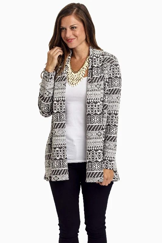 Free Spirited Fashion Grey White Tribal Knit Cardigan