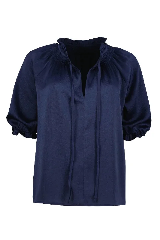 Chic Casual Style Women's Smock Neck Top In Marine Navy