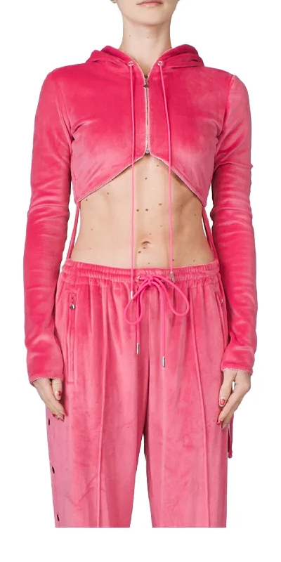 Women's Work Outfit For The Office Cropped Zip Up Velour Hoodie In Hot Pink