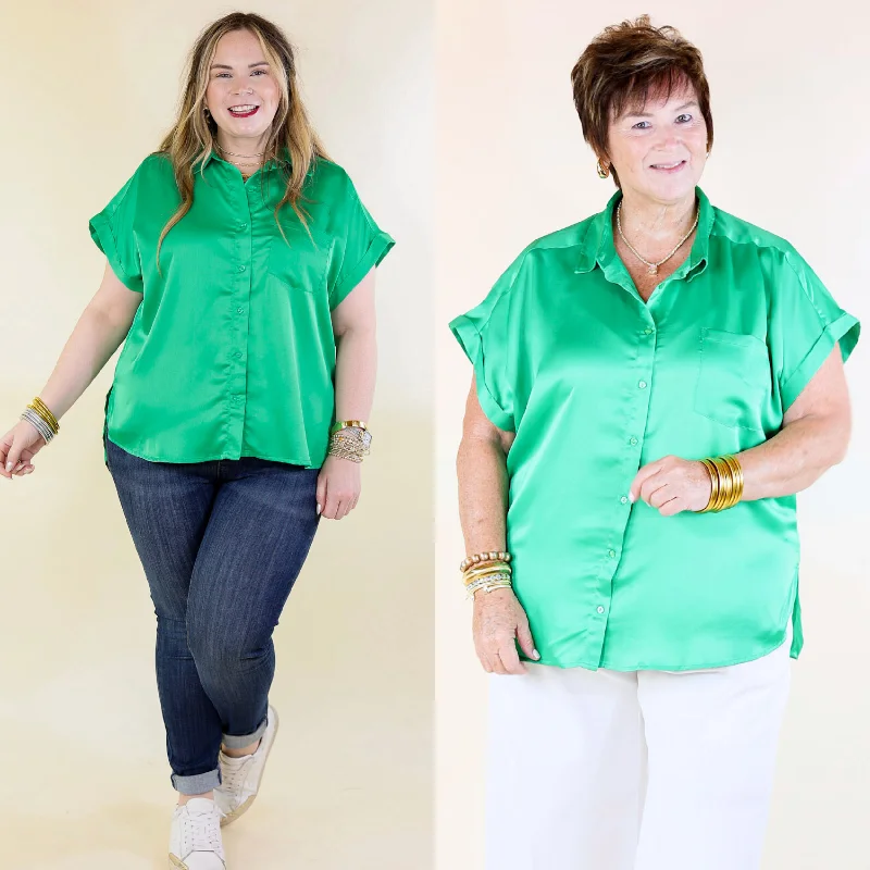 Women's Clothing Stores Free To Be Fab Button Up Short Sleeve Top in Green