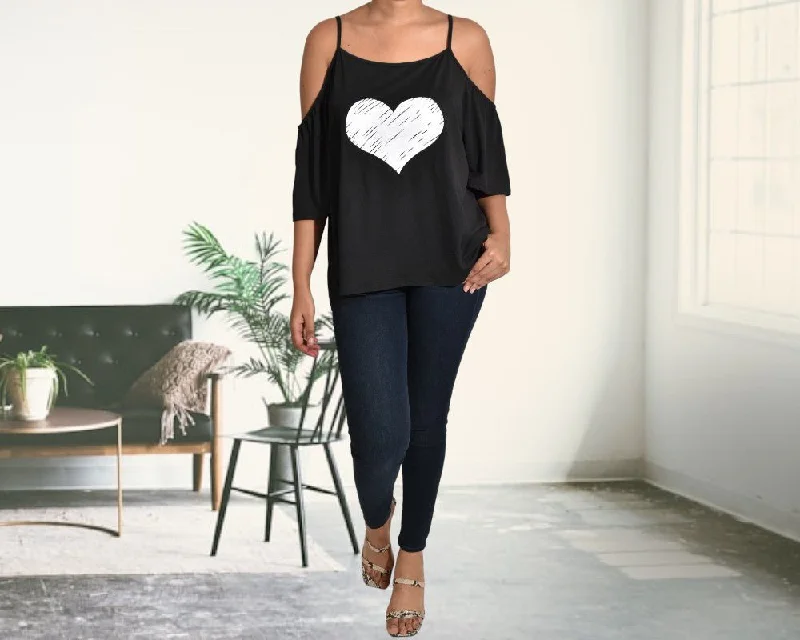 Affordable Women's Clothing Sale Online Heart Print Cold Shoulder Top