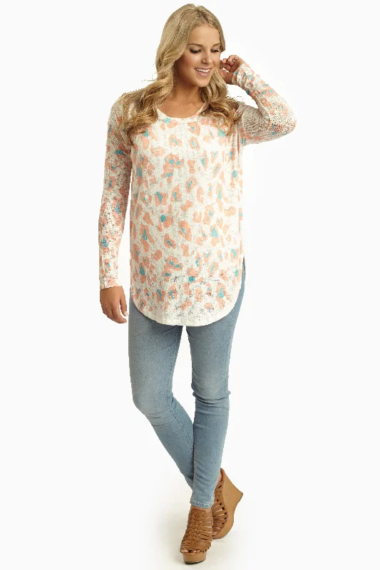 Women's Clothing Online Sale Peach Mint Green Cheetah Print Knit Top