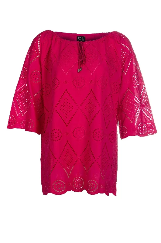 Women's Casual Garments Cotton Broderie Anglaise Tunic | CERISE | 6413A1