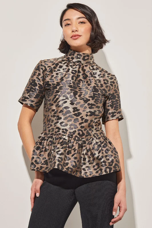 Holiday Discount Modern Fit Leopard Print Peplum Blouse - Mock Neck Woven