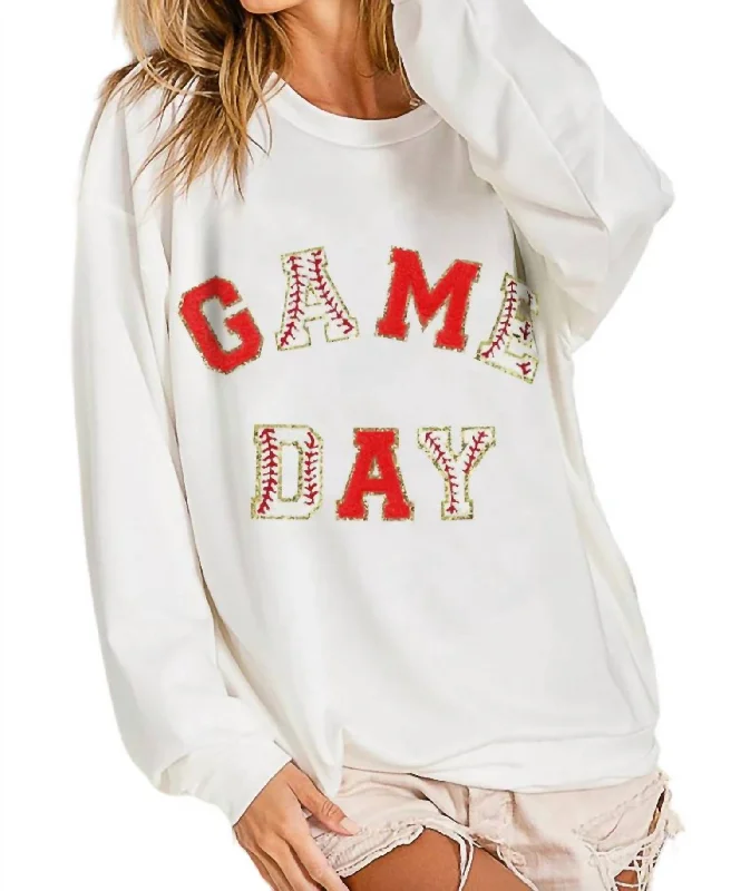 Trendy Women's Wear Baseball Game Day Patches French Terry Pullover In White