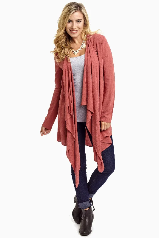 Bold Fashion Faded Coral Long Flowy Open Front Cardigan