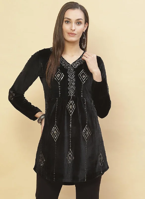 Women's Comfortable Lounge Outfit Charcoal Black Embroidered Velvet Tunic With Sequins