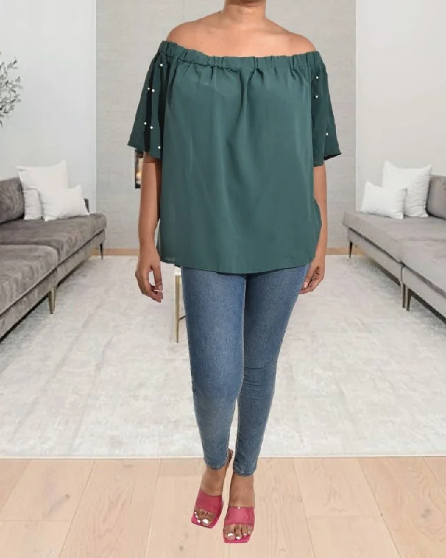 Modern Women's Fashion with Vintage Touches Green Off Shoulder Top