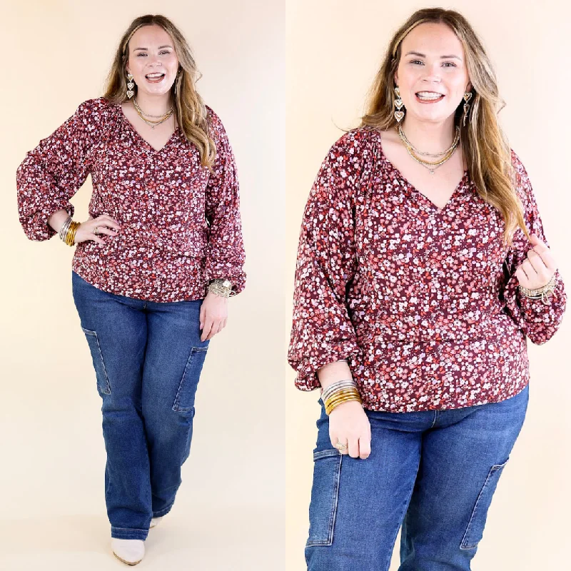 Women's Transitional Apparel Wide Open Spaces Notched Neck Fall Floral Top with Long Balloon Sleeves in Maroon