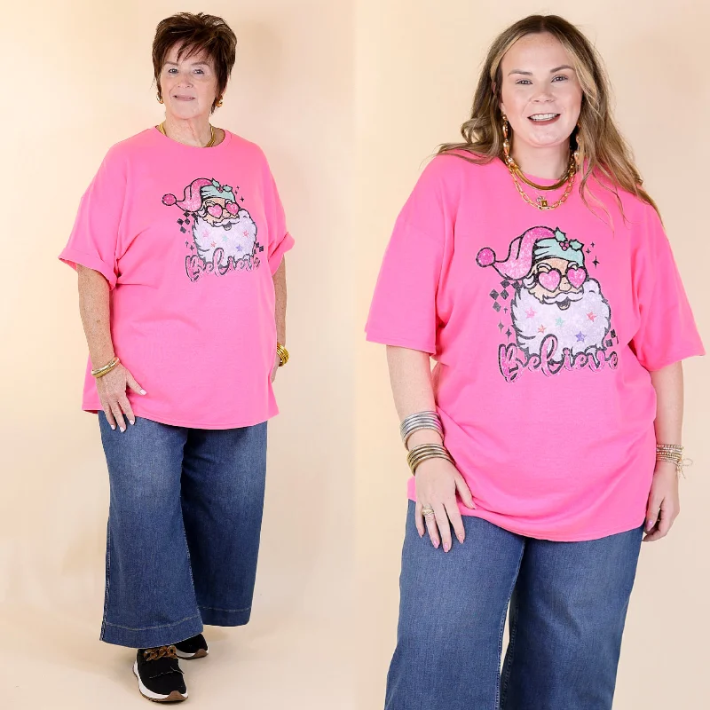 VIP Member Discount Santa Believe Short Sleeve Graphic Tee in Hot Pink