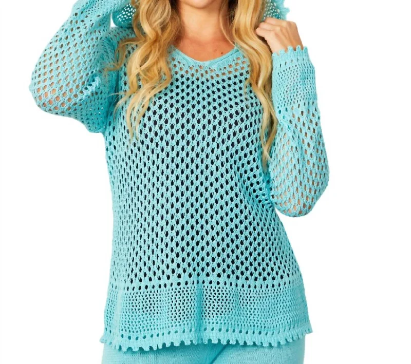 Women's Office Outfit V-Neck Crochet Hoodie In Aqua