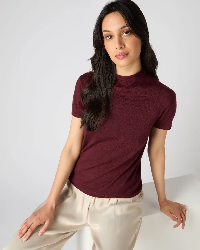 Women's Clothing Apparel Women's Superfine Mock Neck Cashmere T-Shirt Burgundy Red