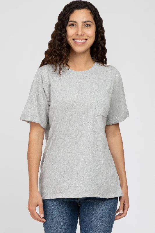 Women's Clothes And Apparel Sets Heather Grey Oversized Pocket Front Short Sleeve Top