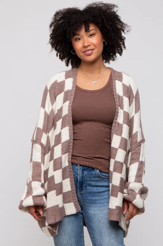 Clothing Online Taupe Checkered Print Oversized Cardigan