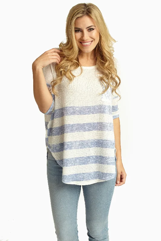 Cheap Women's Clothing Online Blue White Striped Tribal Pocket Knit Top